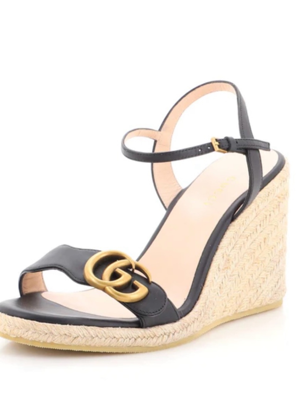 Authentic Gucci Aitana Black Leather Wedge Sandals with Gold Double G